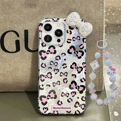 Leopard Print Hello Kitty Mirror Bow Strap Phone Case For iPhone 16 15 14 13 12 11 Pro Max XR XS MAX 7 8 Plus MINI Y2K Cover
