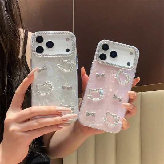 Luxury Glitter Rhinestone Camera Border 3D Hello Kitty Bowknot Shell Pattern Phone Case For iPhone 16 15 14 13 17 Pro Max Cover