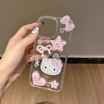 3D Hello Kitty Bow Phone Case For iPhone 17 Air 16 15 Promax 14 Plus 13 12 Pro Max 11 Soft Cartoon Transparent Cover 17pro