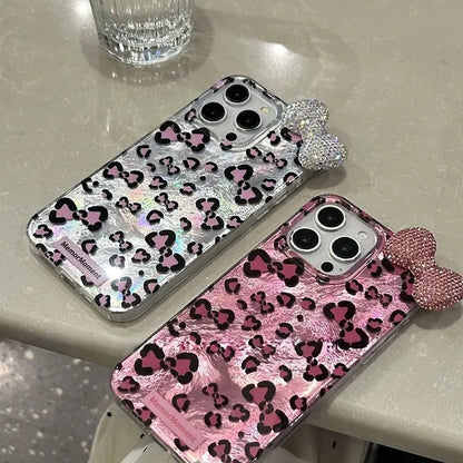 Leopard Print Hello Kitty Mirror Bow Strap Phone Case For iPhone 16 15 14 13 12 11 Pro Max XR XS MAX 7 8 Plus MINI Y2K Cover