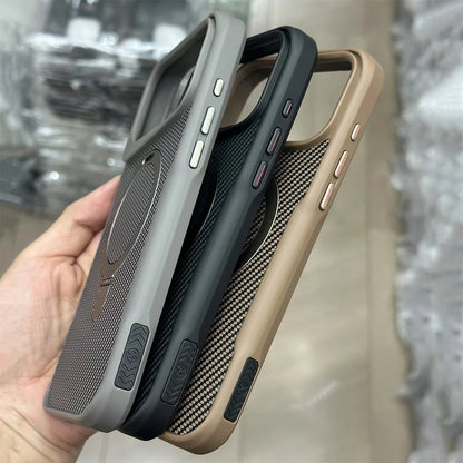 Desert Gold Folding holder carbon fibre magsafe charging phone case for iPhone 17 Pro Max Air magnetic scratch-proof hard cover